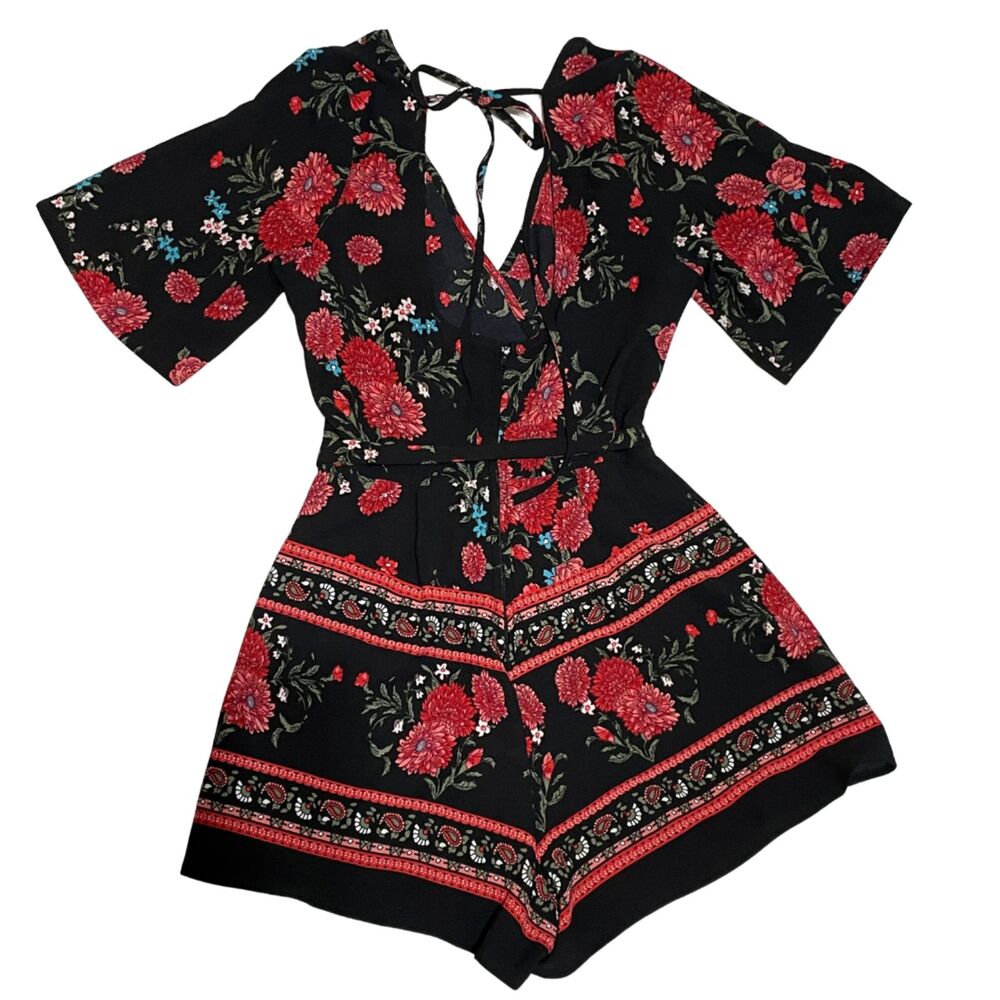 Black Floral Surplice Romper Shorts Strappy Summer Jumpsuit Small